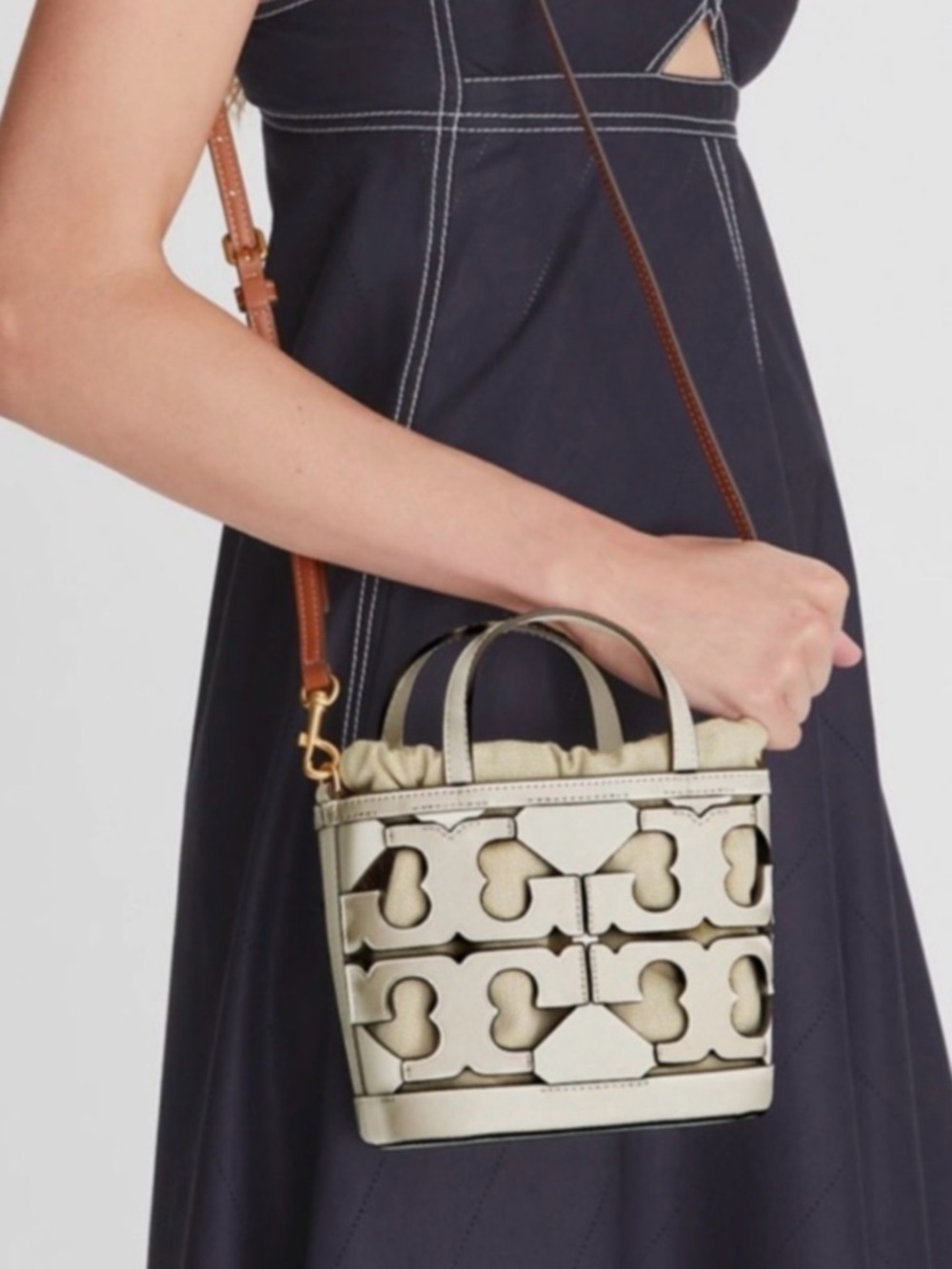 Tory Burch Ella Mini Leather Cutout Tote CREAM, Size One Size